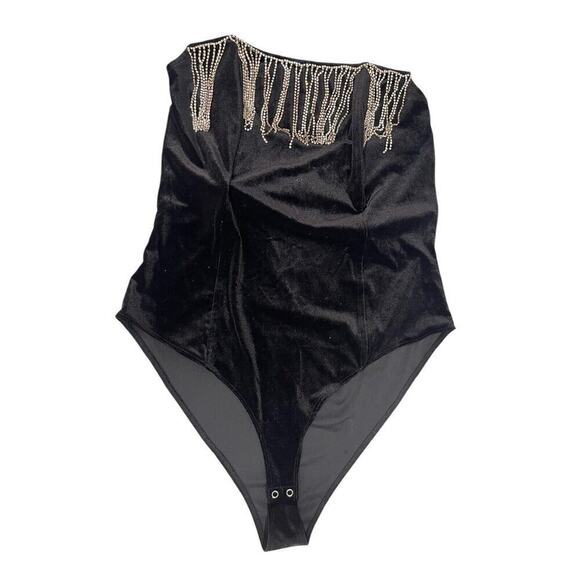 Forever 21 Black Velvet Rhinestone Fringe Strapless Bodysuit Womens 1XL New - Picture 3 of 10